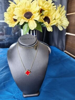 Limoges Women's Gold Chain Necklace with Red Clover Pendant
